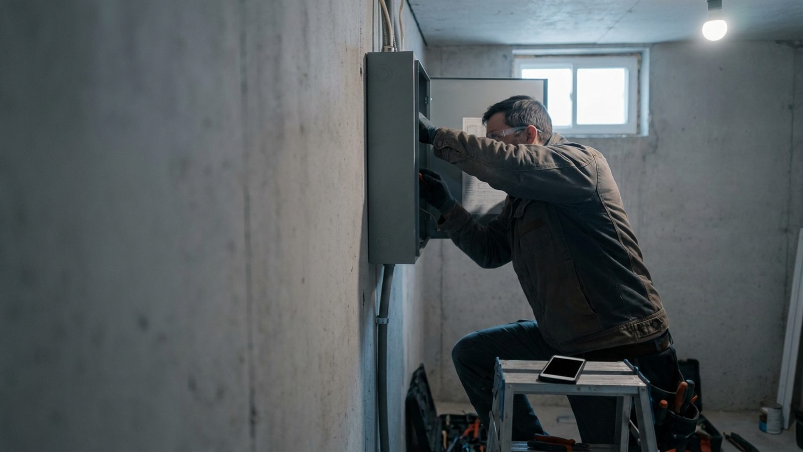Electrician working inside an open panel while the phone on the ladder shelf shows a missed call