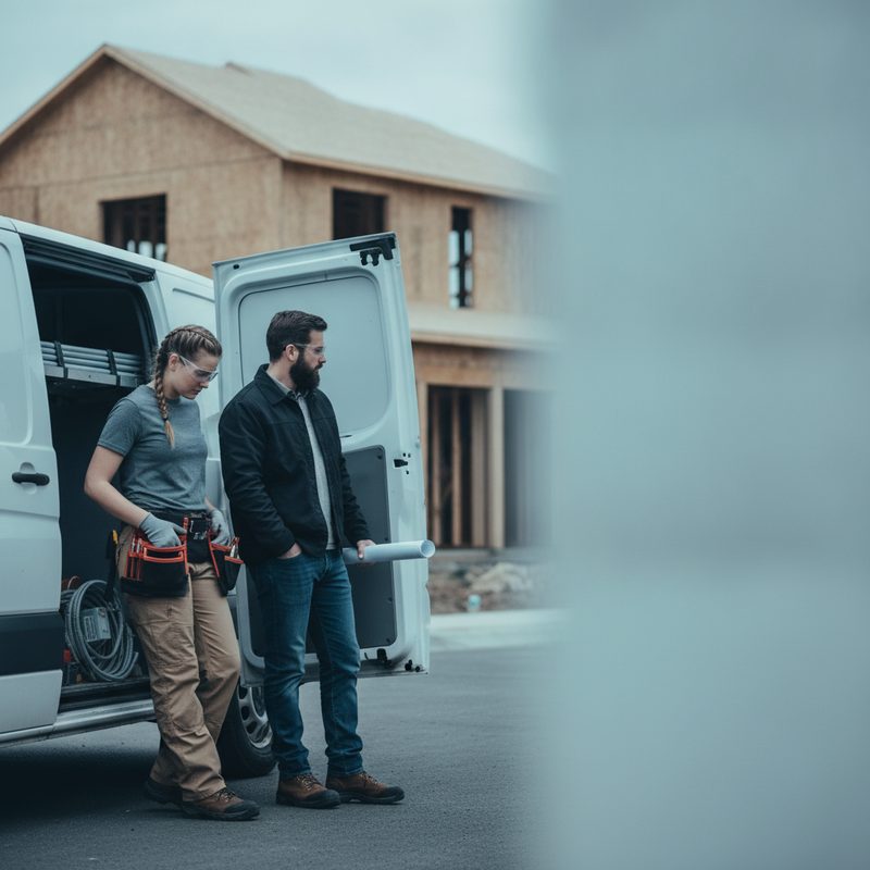 Two crew members waiting beside a van for material to arrive