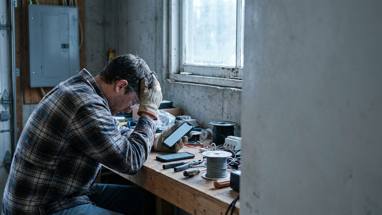 Homeowner comparing two phones on a workbench and struggling to find a clear way to call an electrician