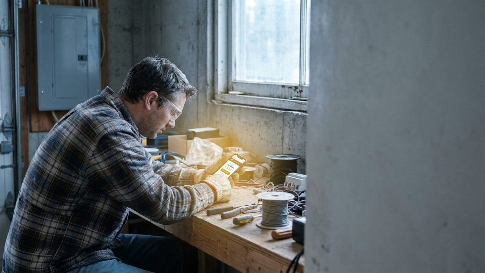 Homeowner at the same workbench finding the click-to-call action on a clear electrician website